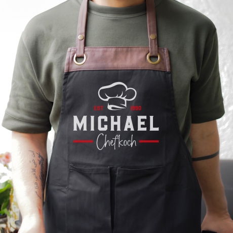 Grillschürze Chefkoch personalisiert für Männer mit Name Kunstleder Applikation zum Geburtstag - Weihnachten Baumwollschürze, Küchenschürze