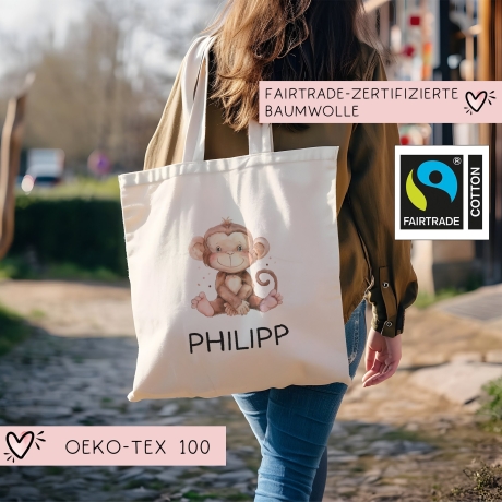 Kinder-Beutel mit Namen personalisiert - Affe - Stofftasche als Sporttasche, Wechselwäsche, Tragetasche - Kita, Kiga, Schule & Kindergarten