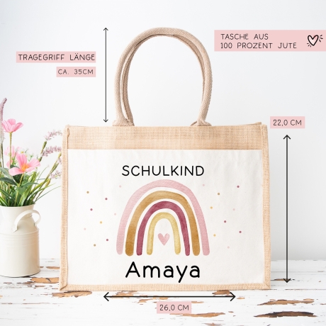 Personalisierte Einschulung Jute Pocket Tasche | mit Wunschnamen | Schulkind Regenbogen Herz als Geschenktasche für Schulanfang - 1 Schultag