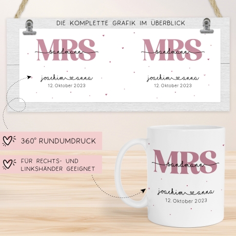 Mr & Mrs Tasse Hochzeit personalisiert mit Wunschnamen und Datum – Namenstasse Hochzeitsgeschenk - Braut Bräutigam – Kaffeetasse - 330 ml