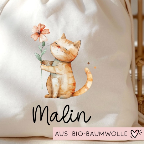 Personalisierter Turnbeutel Katze und Wunschnamen für Schule - Kindergarten, KITA - als Wäschebeutel, Sportbeutel - Weihnachtsgeschenk