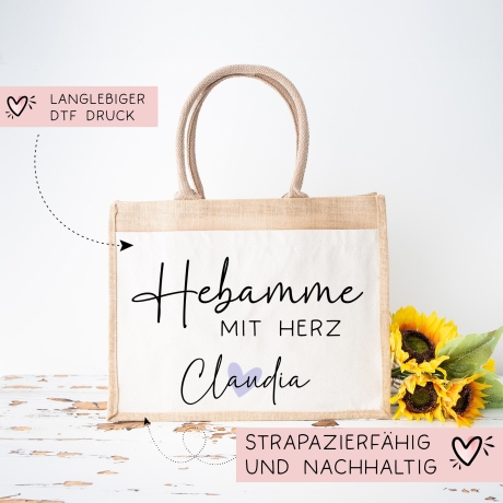 Hebamme mit Herz Tasche mit Namen - kleines Geschenk - Dankeschön Juteasche Abschiedsgeschenk - Beste Hebamme mit Wunschtext