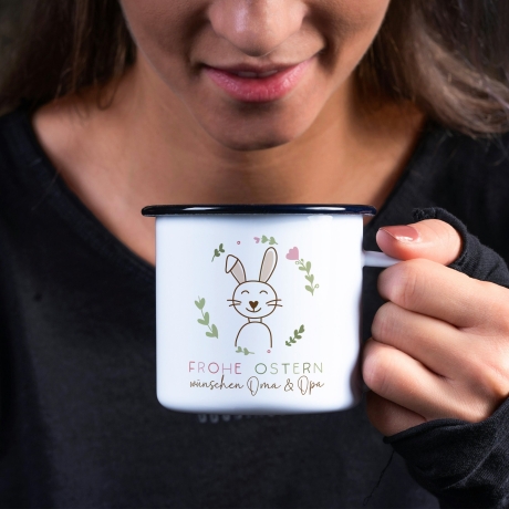 Osterbecher personalisiert mit Namen Frohe Ostern - Hase, Ostergeschenk für Kinder Männer Frauen Geschenkidee zu Ostern. Geschenk Emaille