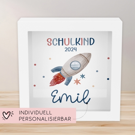 Einschulung Spardose Rakete Schulkind 2024 mit Wunschname Name Kind personalisiert Kinder Geburtstagsgeschenk mit Wunschtext
