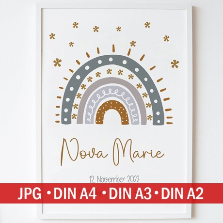 Personalisiertes Poster Geburtsposter in DIN A4 mit Regenbogen, Wunschname, Kinderzimmer Poster Name, Geschenk Baby, Geschenk zur Geburt