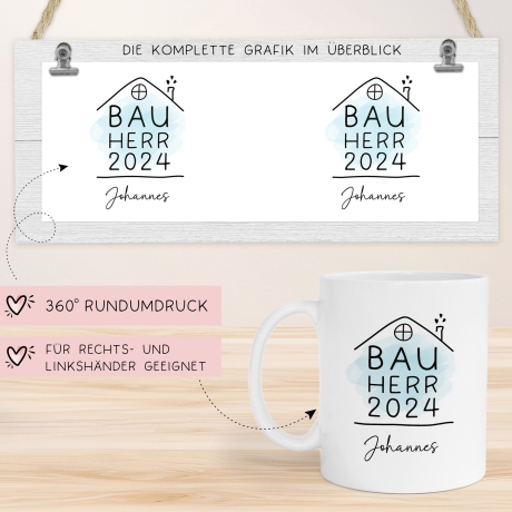 Bauherr Tasse 2024 Name, Richtfest Geschenk, Becher Geschenke zum Richtfest, Geschenkideen zum Hausbau Einweihung Hausbauer -330ml