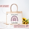 Einschulung Jute Pocket Tasche Personalisiert mit Wunschnamen | Schulkind Regenbogen Herz als Geschenktasche für Schulanfang - 1 Schultag