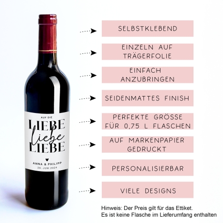 Weinlabel | Hochzeitsgeschenk | Auf die Liebe Liebe Liebe | Wein Flaschen Etikett | Personalisiert mit Namen und Datum | Geschenk Brautpaar