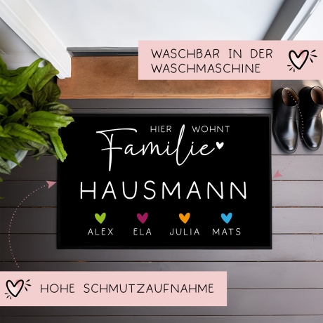 Personalisierte Fußmatte - Fussmatte mit Wunschnamen | Familie mit Herzen Haustier | 60x40 cm | Geschenkidee zum Umzug, Umzug