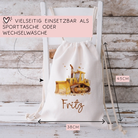 Personalisierter Turnbeutel mit Wunschnamen - Bagger. Rucksack für Schule und Kindergarten Wäschebeutel Wechselwäsche Sport. Mädchen & Junge