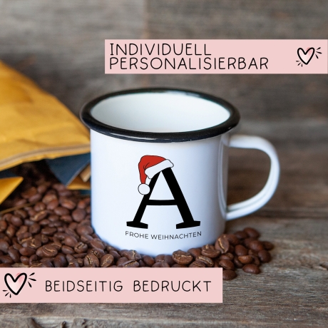 Personalisierte Emaille Tasse Weihnachten - Frohe Weihnachten - Merry Christmas - mit Anfangsbuchstabe und Wunschnamen - Nikolaus - Becher