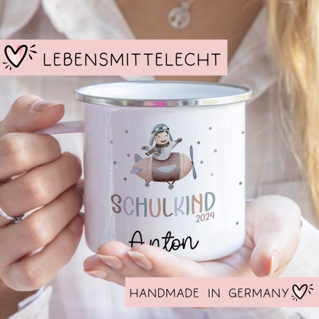 Schulanfang  Kindertasse Schulkind Flugzeug Name Emaille Tasse Kind Kindergeschirr personalisiert Kinder Geschenk Geburtstagsgeschenk