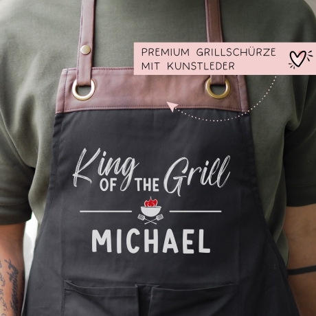 Grillschürze personalisiert King of the Grill für Männer mit Name & Kunstleder zum Geburtstag - Weihnachten Baumwollschürze, Küchenschürze