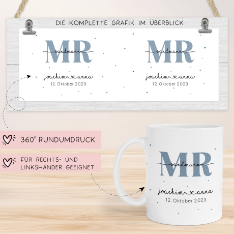 Mr & Mrs Tasse Tassen Hochzeit personalisiert mit Wunschnamen und Datum – Namenstasse Hochzeitsgeschenk - Braut Bräutigam – Kaffeetasse