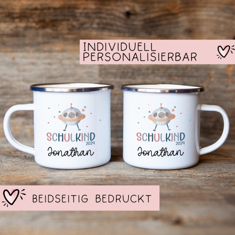 Schulanfang  Ufo Weltraum Kindertasse Schulkind Name Emaille Tasse Kind Kindergeschirr personalisiert Kinder Geschenk
