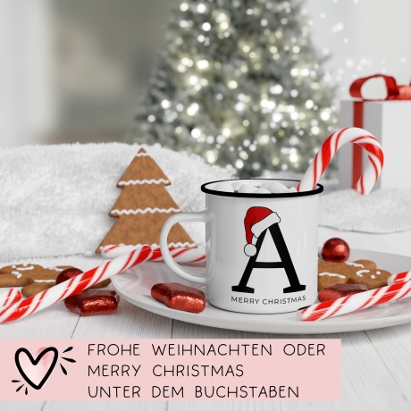 Personalisierte Emaille Tasse Weihnachten - Frohe Weihnachten - Merry Christmas - mit Anfangsbuchstabe und Wunschnamen - Nikolaus - Becher