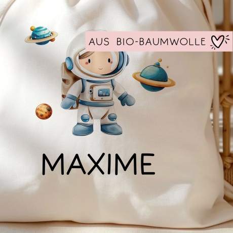 Stoffbeutel Astronaut Turnbeutel Rucksack, Kindergartentasche mit Name personalisiert Weltraum Weltall Astronaut aus Bio-Baumwolle