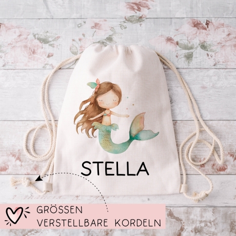 Sportbeutel Meerjungfrau Personalisiert | Nixe mit Wunschnamen Rucksack Schule, Kindergarten, KITA, Wäschebeutel, Turnbeutel, Wechselwäsche