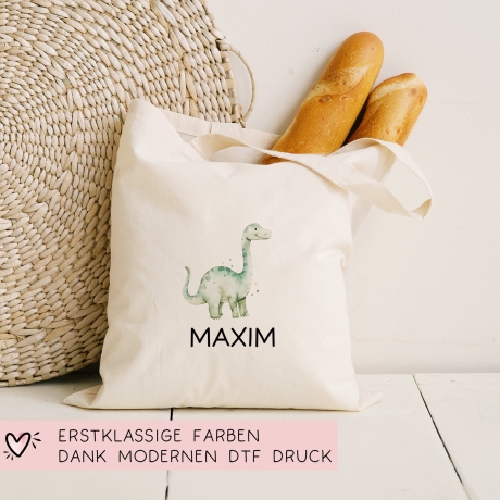 Kinder-Beutel Stoffbeutel Dinosaurier Dino Wunschname Stofftasche Brontosaurus Tasche personalisiert als Sporttasche, Wechselwäsche & Schule