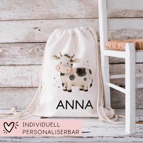 Personalisierter Turnbeutel mit einer Kuh | mit Wunschnamen | Tierkinder | Rucksack für Schule, Kindergarten, KITA und KIGA Wäschebeutel