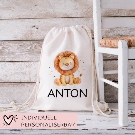 Personalisierter Turnbeutel Löwe Wunschnamen | Tierkinder | Rucksack für Schule, Kindergarten, KITA und KIGA Wäschebeutel
