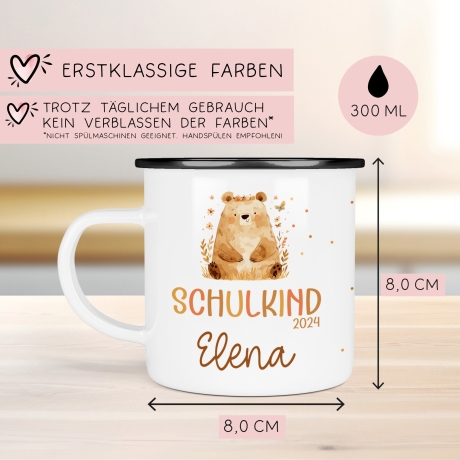 Schulanfang  Kindertasse Schulkind mit Bär-Motiv - personalisierte Emaille-Tasse mit Namen - ideales Einschulungsgeschenk