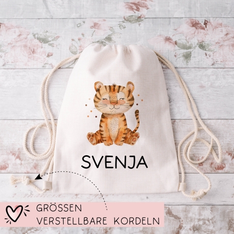 Personalisierter Turnbeutel Tiger Wunschnamen |  Rucksack für Schule, Kindergarten, KITA , KIGA | als Wäschebeutel, Sportbeutel l Tierkinder