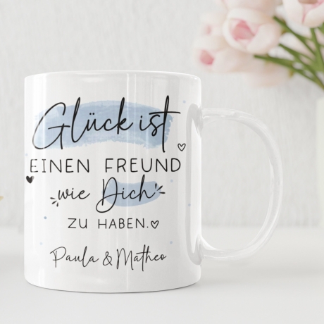 Personalisierte Tasse: Glück ist einen Freund wie dich zu haben. Perfektes Geschenk zum Geburtstag, zu Ostern oder Weihnachten.
