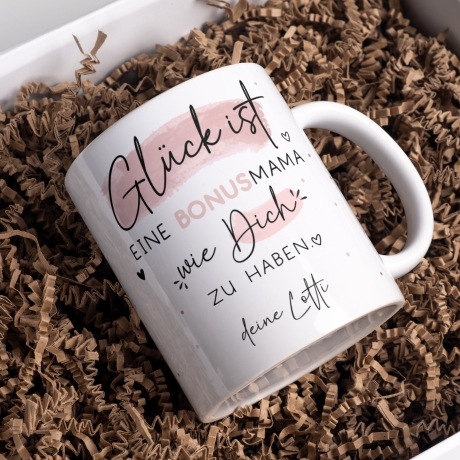 Bonusmama Muttertag personalisiert – Motiv: Glück ist eine BONUSMAMA wie dich zu haben - Geschenk zum Geburtstag, Ostern, Weihnachten