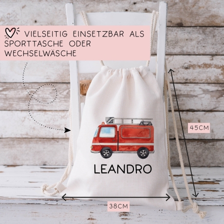 Stofftasche Feuerwehrauto Personalisiert mit Namen. Feuerwehr für Schule und Kindergarten als Wäschebeutel Wechselwäsche für Mädchen & Junge
