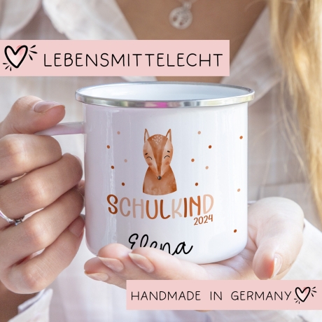 Schulanfang  Kindertasse Schulkind Fuchs Name Emaille Tasse Kind Kindergeschirr personalisiert Kinder Geschenk Geburtstagsgeschenk
