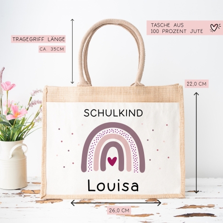 Einschulung Jute Pocket Tasche Personalisiert mit Wunschnamen | Schulkind Regenbogen Herz als Geschenktasche für Schulanfang - 1 Schultag