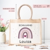 Einschulung Jute Pocket Tasche Personalisiert mit Wunschnamen | Schulkind Regenbogen Herz als Geschenktasche für Schulanfang - 1 Schultag