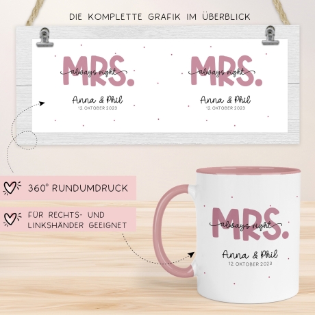 Mr & Mrs Tasse Hochzeit personalisiert Becher mit Wunschnamen und Datum – Namenstasse Hochzeitsgeschenk - Braut Bräutigam – Kaffeetasse
