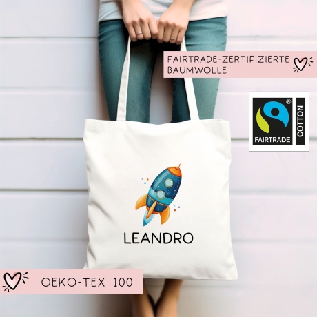 Rakete Personalisiert Stofftasche - Einkaufstasche Kinder-Beutel mit Namen als Sporttasche, Tragetasche Wechselwäsche für Kita Schule - 04