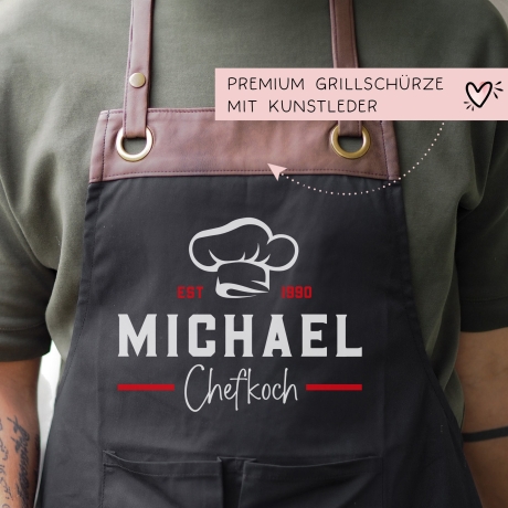 Grillschürze Chefkoch personalisiert für Männer mit Name Kunstleder Applikation zum Geburtstag - Weihnachten Baumwollschürze, Küchenschürze