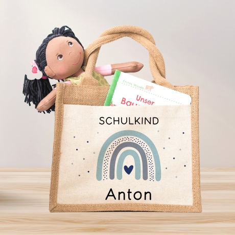 Einschulung Jute Pocket Tasche Personalisiert mit Wunschnamen | Schulkind Regenbogen Herz als Geschenktasche für Schulanfang - 1 Schultag