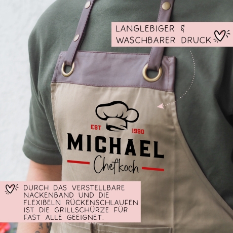 Grillschürze Chefkoch personalisiert für Männer mit Name Kunstleder Applikation zum Geburtstag - Weihnachten Baumwollschürze, Küchenschürze