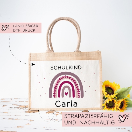 Einschulung - Personalisierte Jute Pocket Tasche | mit Wunschnamen | Schulkind Regenbogen Herz | Lila | als Geschenktasche für Schulanfang