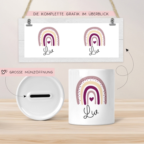 Personalisierte Spardose Regenbogen mit Namen und Datum - Rosa - Geschenk für Mädchen zum Geburtstag Weihnachten Firmung Geburt Einschulung