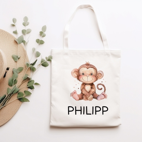 Kinder-Beutel mit Namen personalisiert - Affe - Stofftasche als Sporttasche, Wechselwäsche, Tragetasche - Kita, Kiga, Schule & Kindergarten