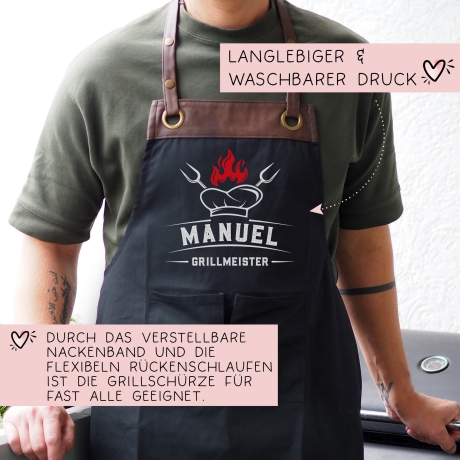 Grillmeister Grillschürze personalisiert für Männer mit Namen Kunstleder Applikation zum Geburtstag, Weihnachten Baumwollschürze, Geschenk