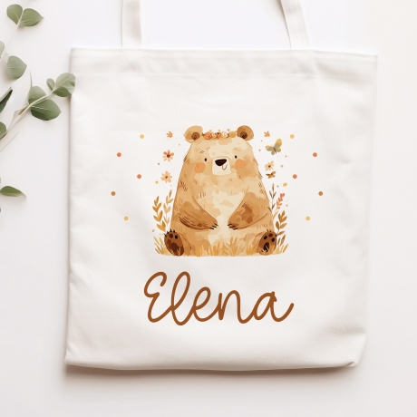 Sitzender Bär Stofftasche Tasche Kinder-Beutel mit Namen als Sporttasche, Wechselwäsche, Tragetasche -für Kita Schule & Kindergarten