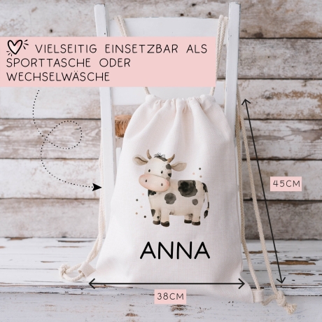 Personalisierter Turnbeutel mit einer Kuh | mit Wunschnamen | Tierkinder | Rucksack für Schule, Kindergarten, KITA und KIGA Wäschebeutel