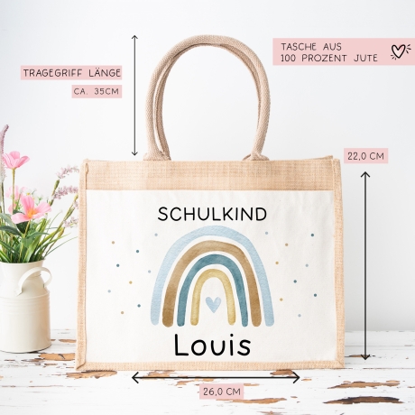 Einschulung Tasche Regenbogen Schulkind mit Wunschnamen | Jute Pocket |Personalisiert | Herz als Geschenktasche für Schulanfang - 1 Schultag