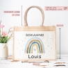 Einschulung Tasche Regenbogen Schulkind mit Wunschnamen | Jute Pocket |Personalisiert | Herz als Geschenktasche für Schulanfang - 1 Schultag