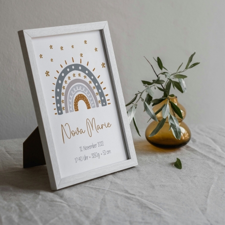 Personalisiertes Poster Geburtsposter in DIN A4 mit Regenbogen, Wunschname, Kinderzimmer Poster Name, Geschenk Baby, Geschenk zur Geburt