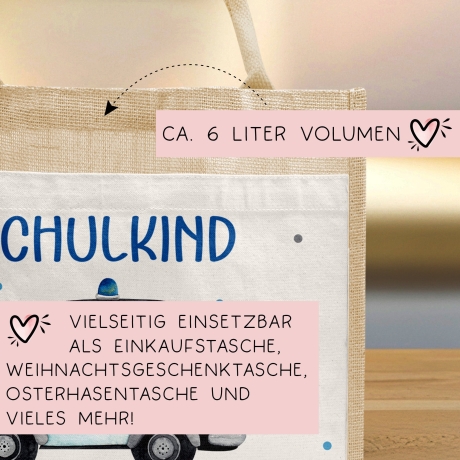 Polizeiwagen Schulkind Tasche Wunschnamen | 100% Jute | Streifenwagen Polizei | Geschenk Einschulung | Schultüte personalisiert | Schule