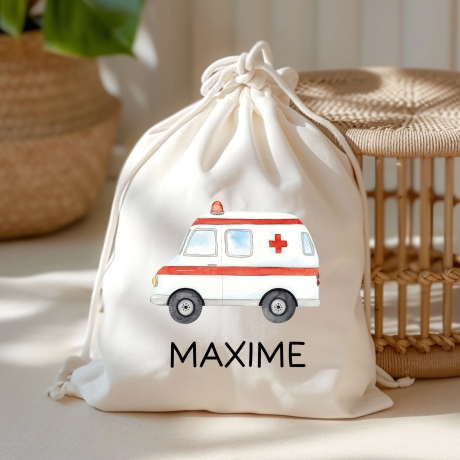 Krankenwagen Stofftasche Personalisiert mit Namen. Rettungswagen für Schule und Kindergarten - Wäschebeutel Wechselwäsche | Mädchen & Junge