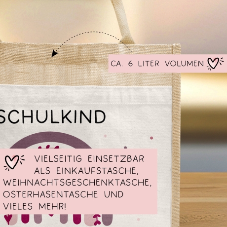 Einschulung - Personalisierte Jute Pocket Tasche | mit Wunschnamen | Schulkind Regenbogen Herz | Lila | als Geschenktasche für Schulanfang